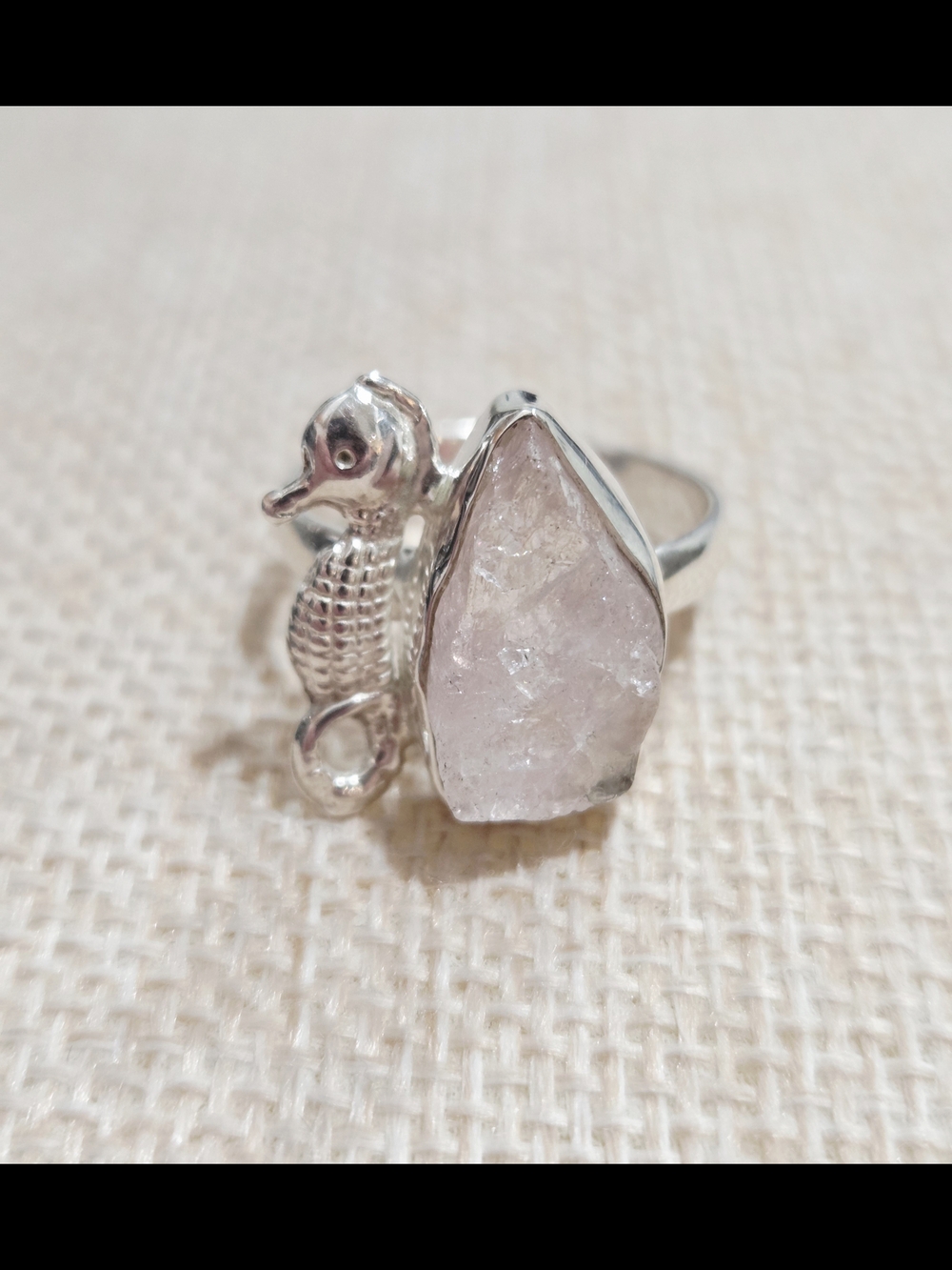 Sterling Silver Seahorse Ring with Light Pink Quartz Raw Stone